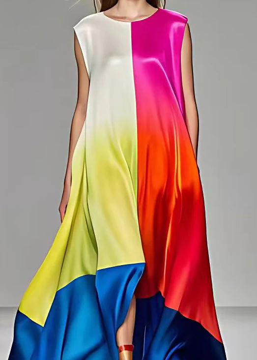 Elegant Rose Asymmetrical Pockets Silk Long Dresses Sleeveless - Image 4