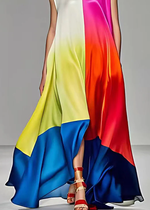 Elegant Rose Asymmetrical Pockets Silk Long Dresses Sleeveless - Image 5