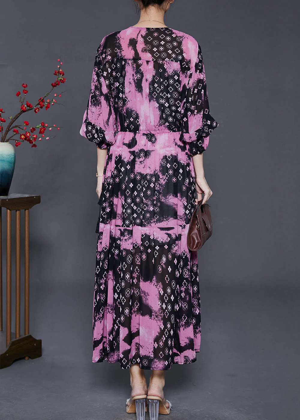 Elegant Rose Cinched Exra Large Hem Chiffon Dress Summer - Image 4