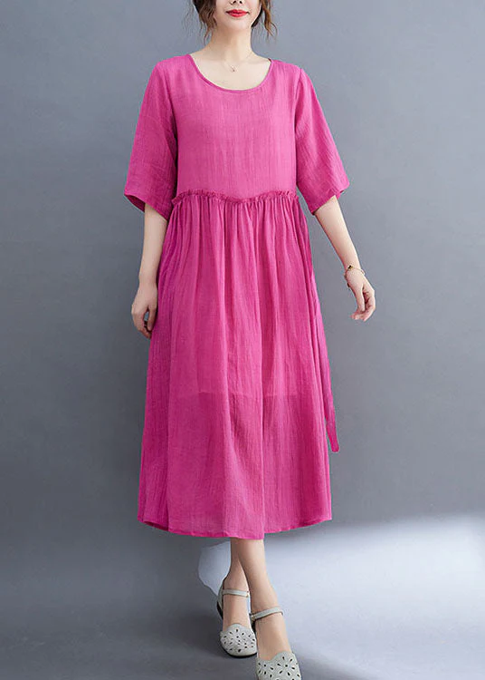 Elegant Rose O-Neck Ruffled Exra Large Hem Solid Color Linen Holiday Dress Half Sleeve - Image 4