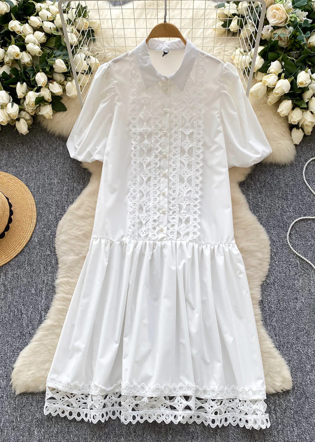 Elegant Rose Patchwork Lace Shirt Dress Lantern Sleeve - Image 2