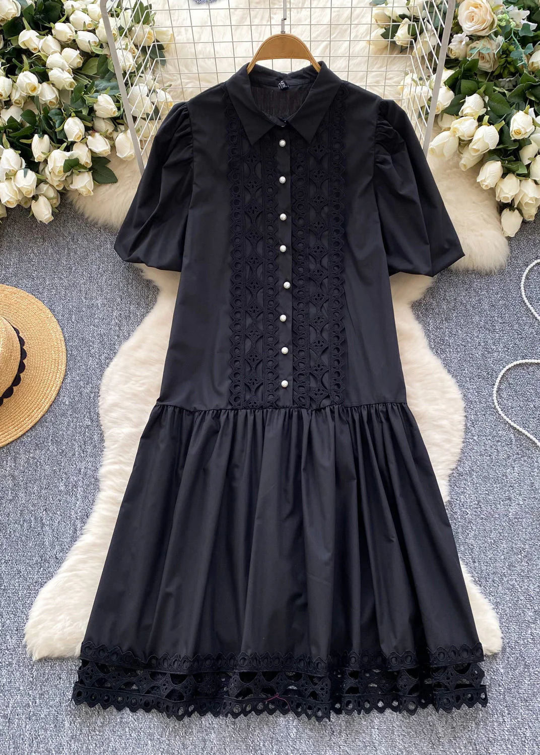 Elegant Rose Patchwork Lace Shirt Dress Lantern Sleeve - Image 3