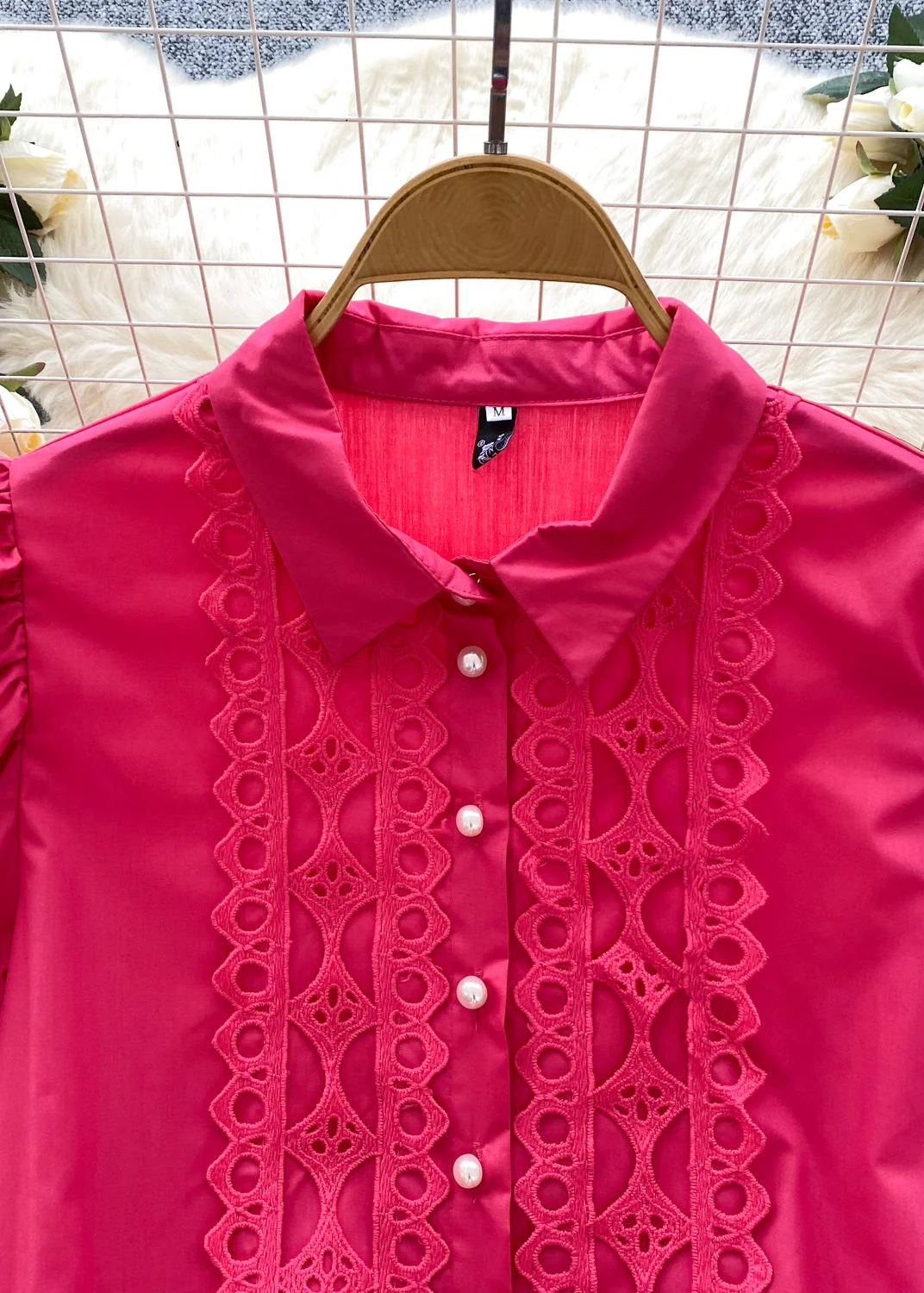 Elegant Rose Patchwork Lace Shirt Dress Lantern Sleeve - Image 4