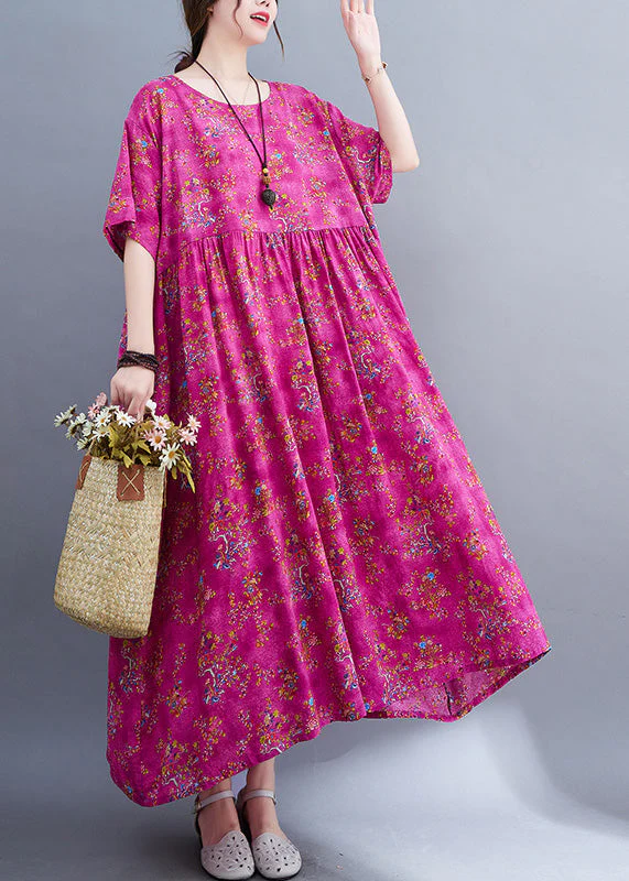 Elegant Rose Print Patchwork Cotton Cozy Long Dress Short Sleeve - Image 3