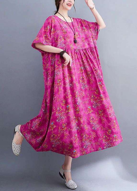 Elegant Rose Print Patchwork Cotton Cozy Long Dress Short Sleeve - Image 4