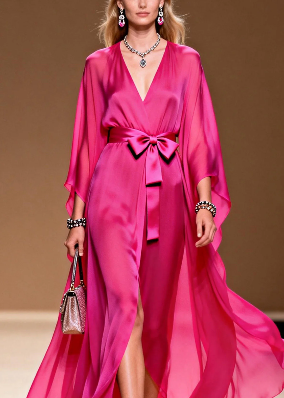 Elegant Rose V Neck Lace Up Chiffon Long Dress Summer - Image 2
