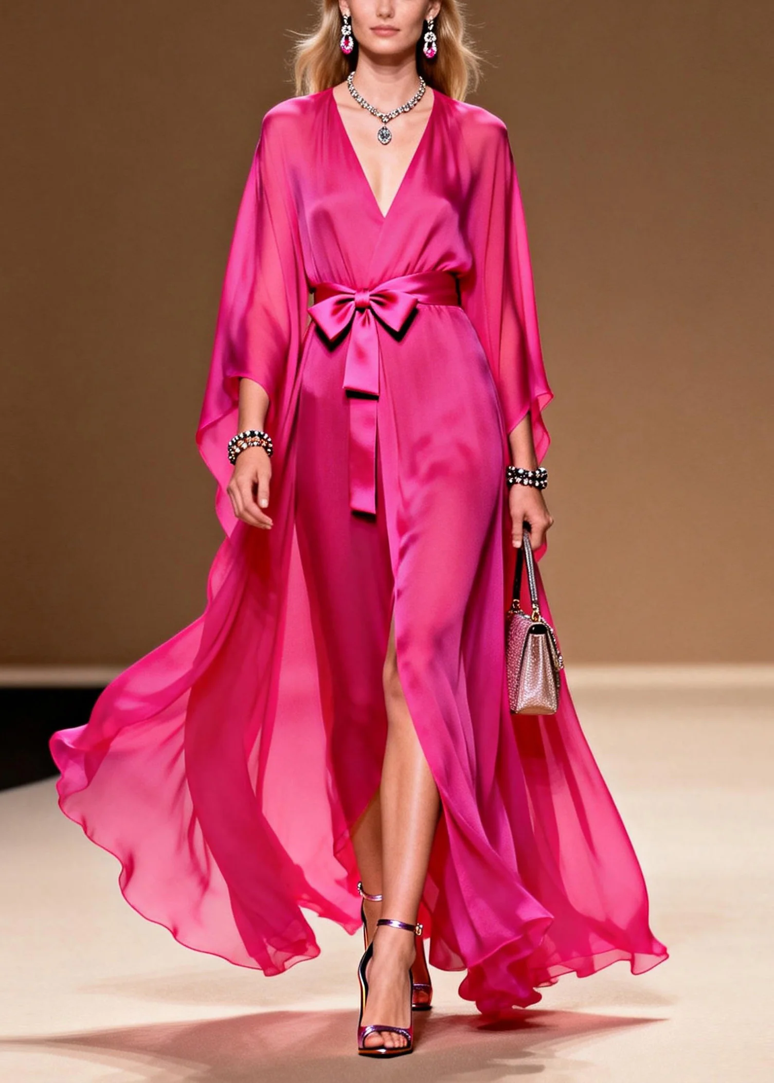 Elegant Rose V Neck Lace Up Chiffon Long Dress Summer - Image 3
