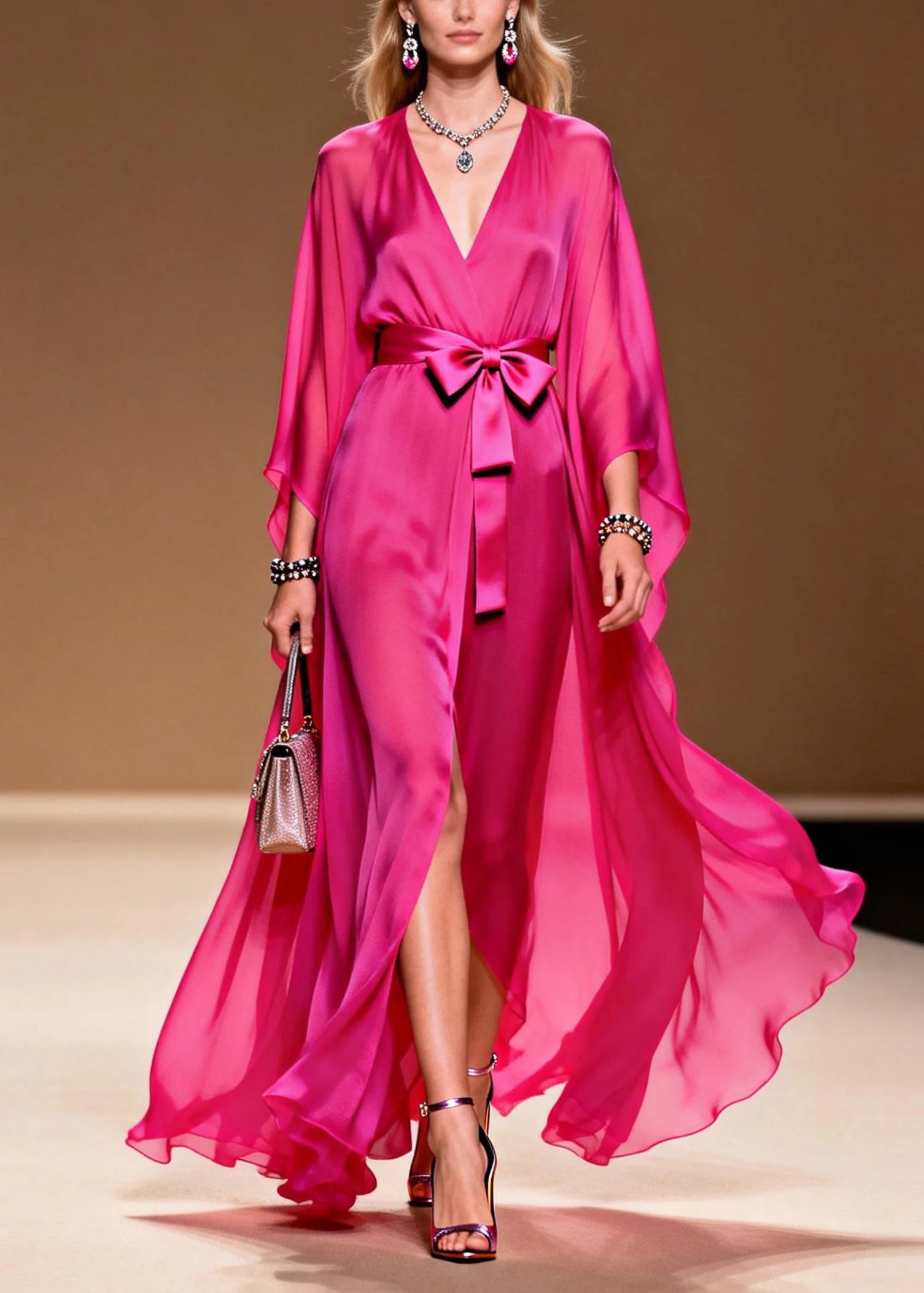 Elegant Rose V Neck Lace Up Chiffon Long Dress Summer - Image 5