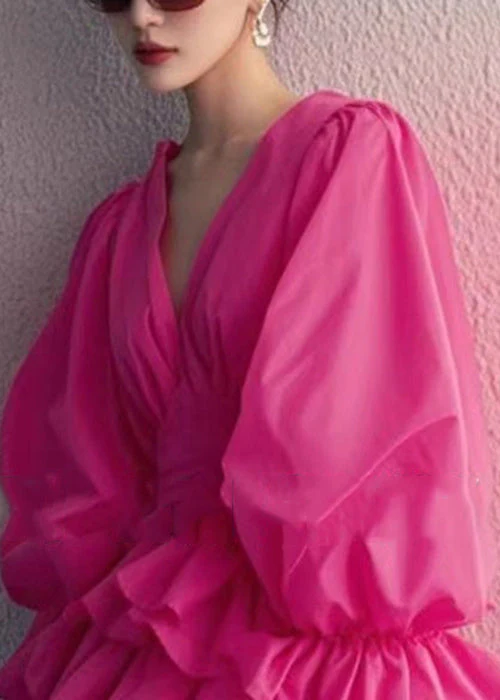 Elegant Rose V Neck Solid Cotton Mini Dress Butterfly Sleeve - Image 3