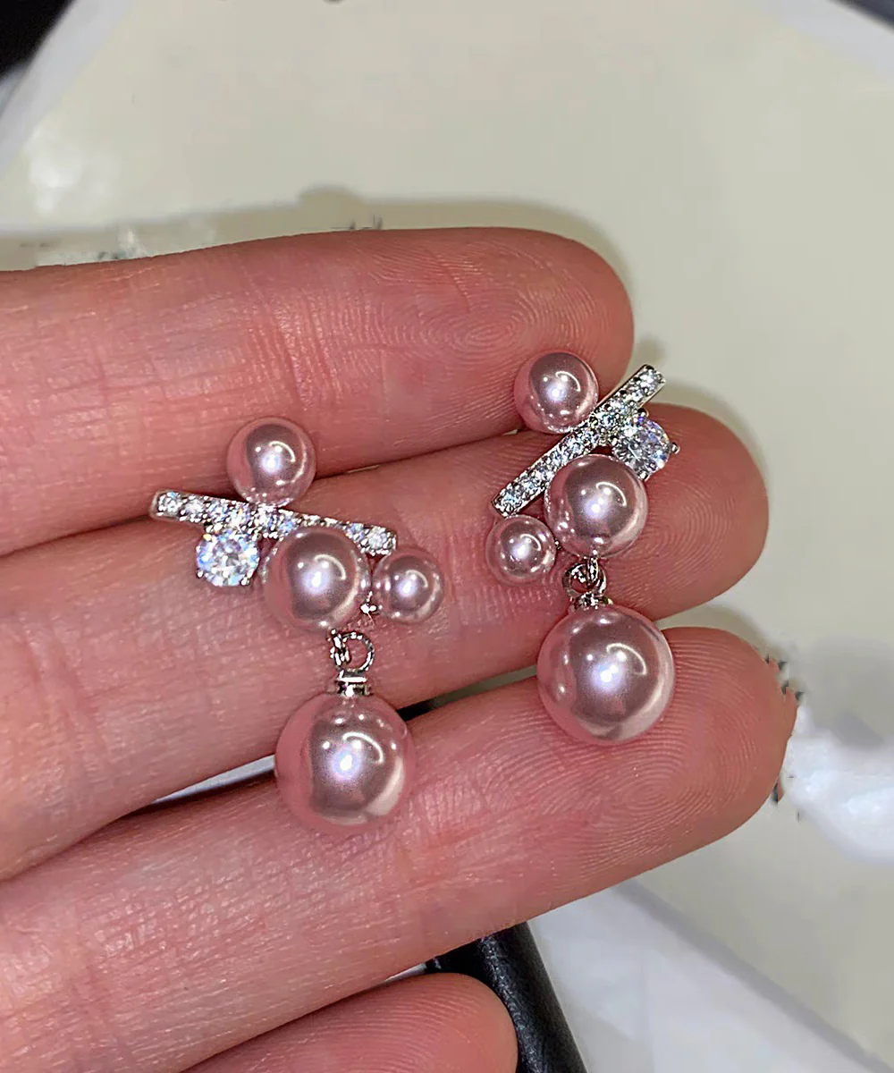 Elegant Rosy Sterling Silver Zircon Grape Pearl Stud Earrings - Image 3