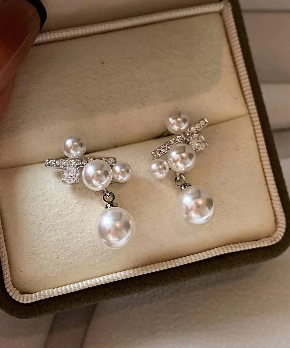 Elegant Rosy Sterling Silver Zircon Grape Pearl Stud Earrings - Image 4