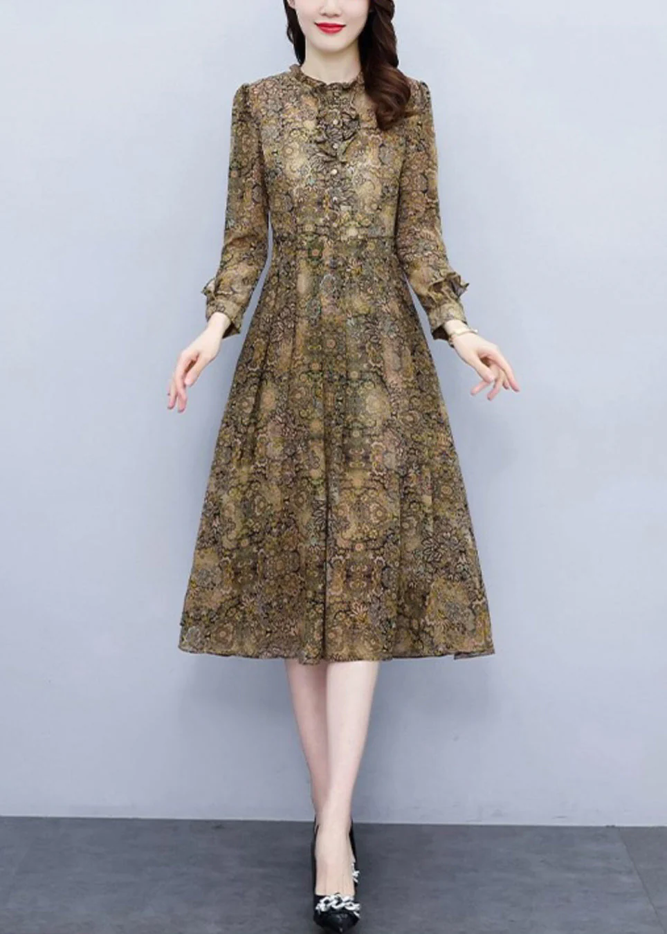 Elegant Ruffled Print High Waist Chiffon Dress Long Sleeve - Image 2
