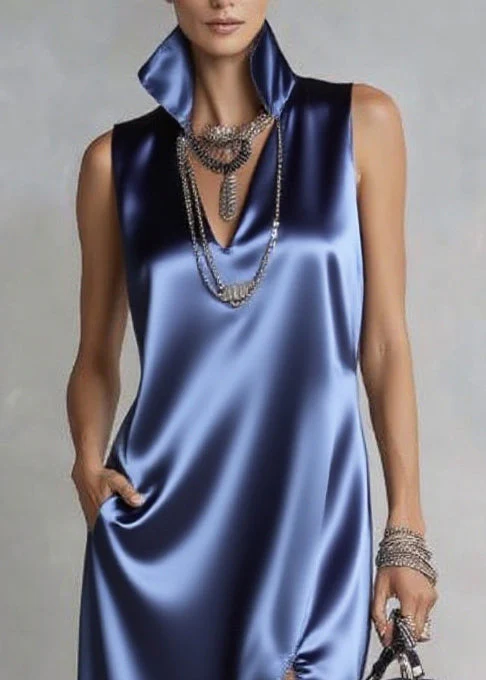 Elegant Sea Blue V Neck Side Open Silk Maxi Dresses Sleeveless - Image 2