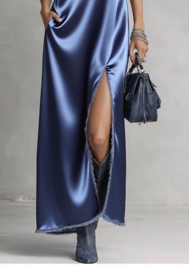 Elegant Sea Blue V Neck Side Open Silk Maxi Dresses Sleeveless - Image 4