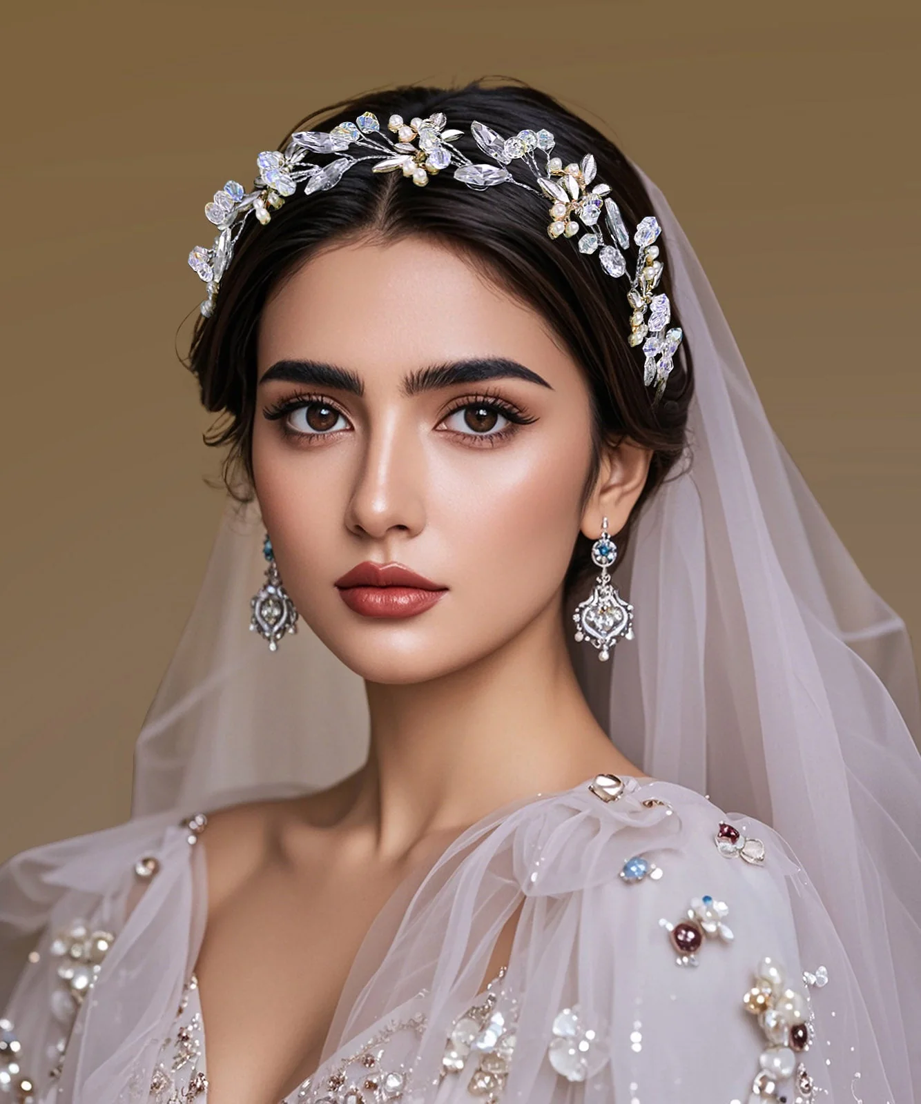 Elegant Silk Weave Zircon Floral Bride HairPiece - Image 3