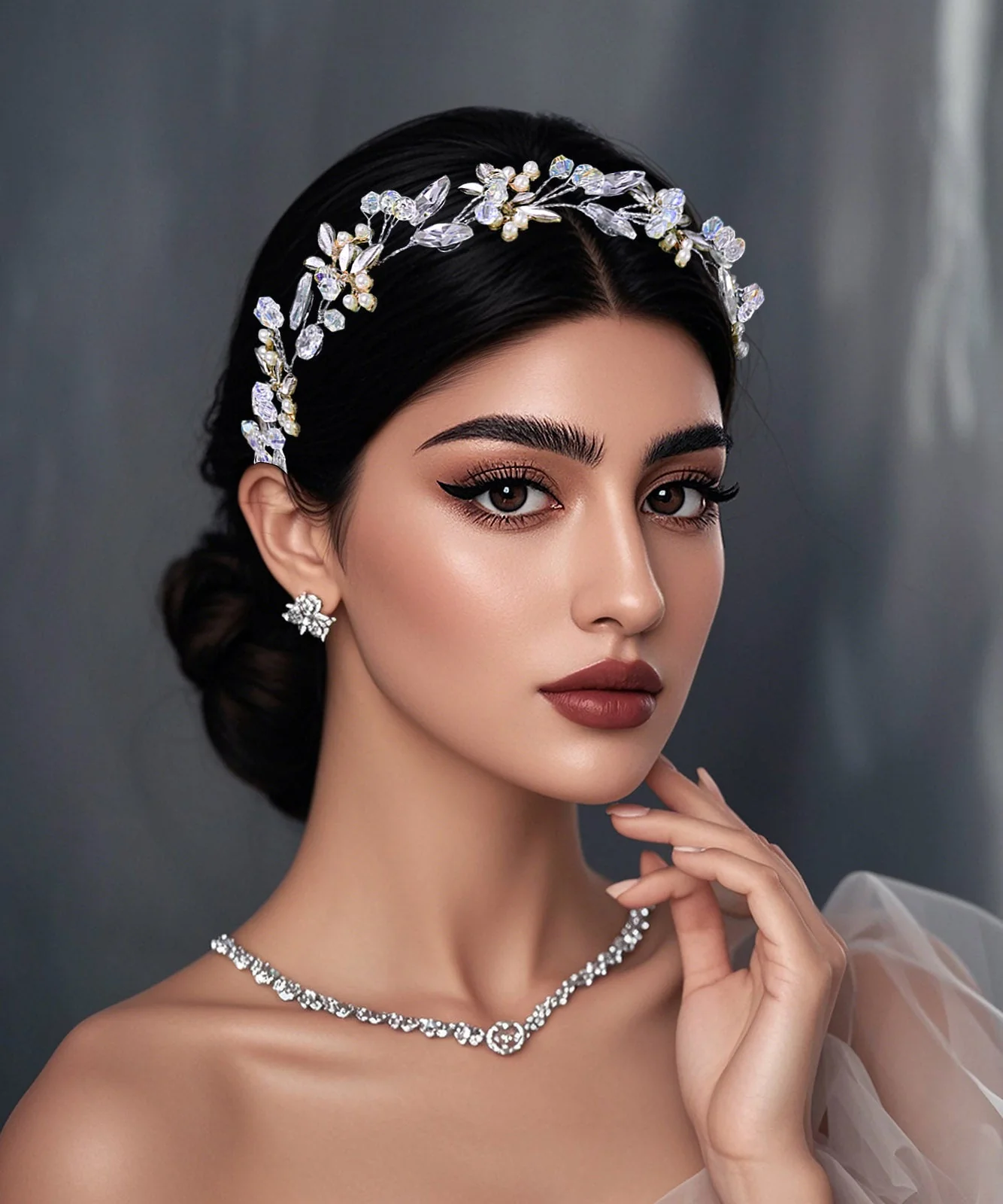 Elegant Silk Weave Zircon Floral Bride HairPiece - Image 4