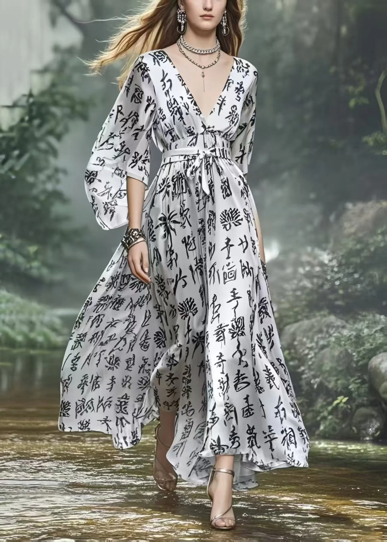 Elegant Silvery Cinched Print Silk Vacation Dress Spring