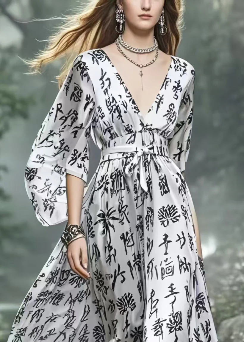 Elegant Silvery Cinched Print Silk Vacation Dress Spring - Image 2