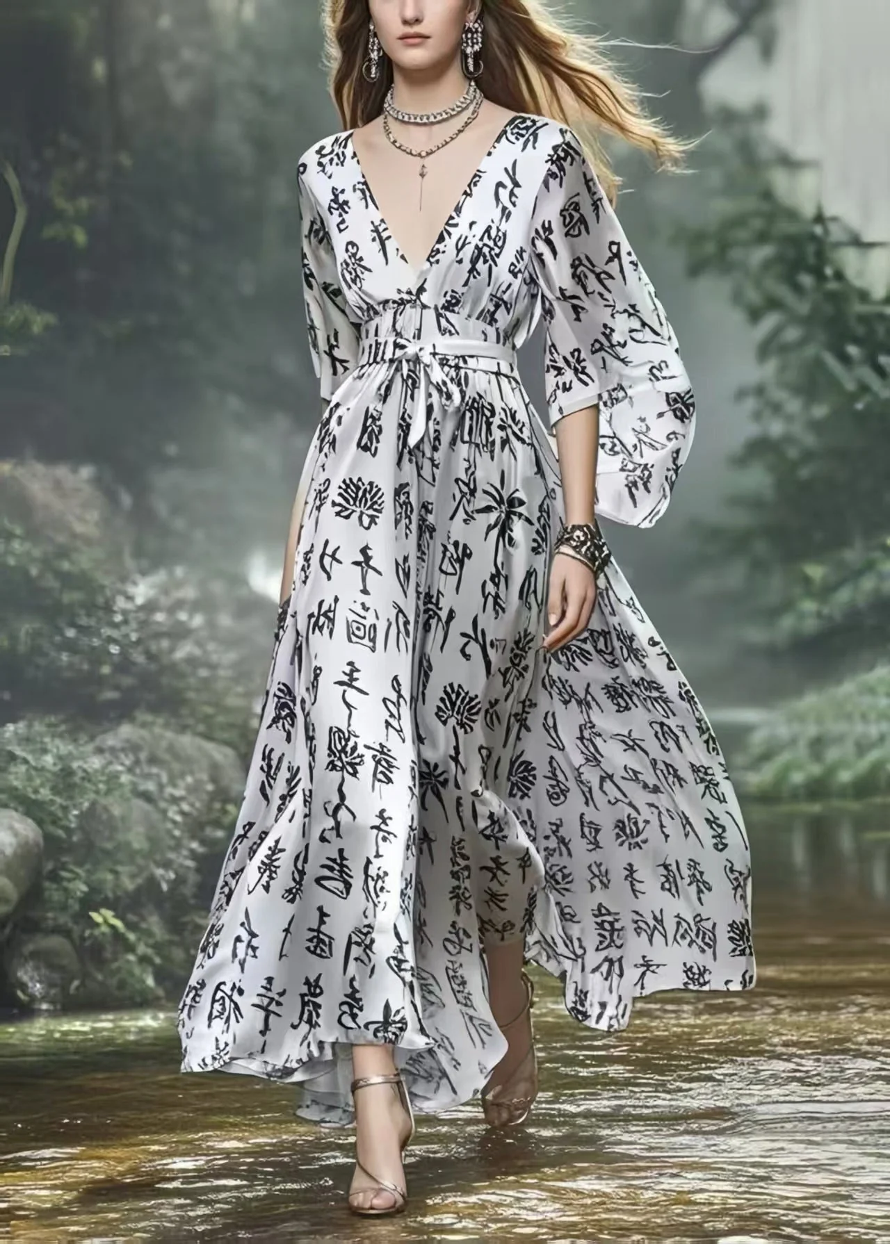 Elegant Silvery Cinched Print Silk Vacation Dress Spring - Image 3