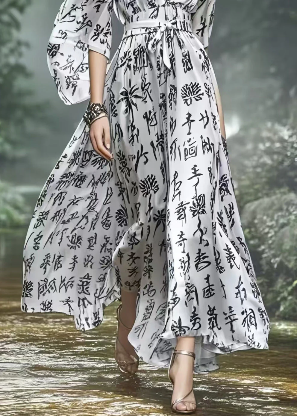 Elegant Silvery Cinched Print Silk Vacation Dress Spring - Image 4