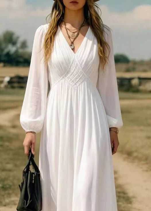 Elegant Simple White V Neck Chiffon Long Dress Spring - Image 2