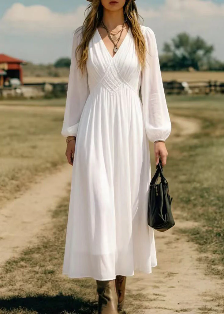 Elegant Simple White V Neck Chiffon Long Dress Spring - Image 3