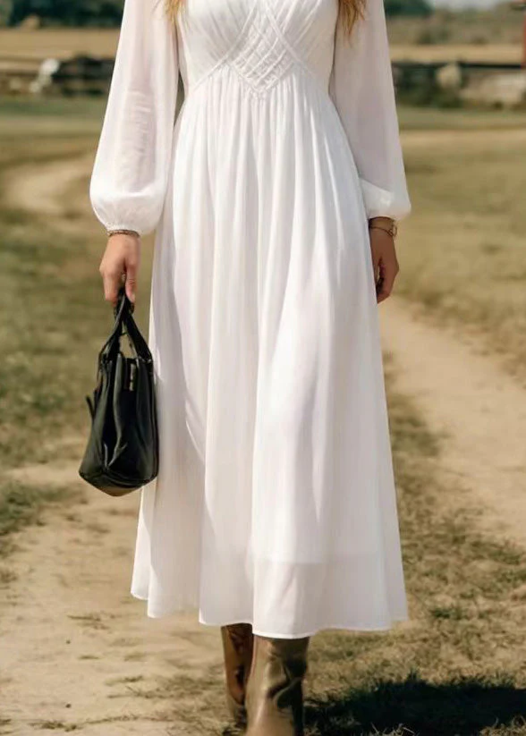 Elegant Simple White V Neck Chiffon Long Dress Spring - Image 4