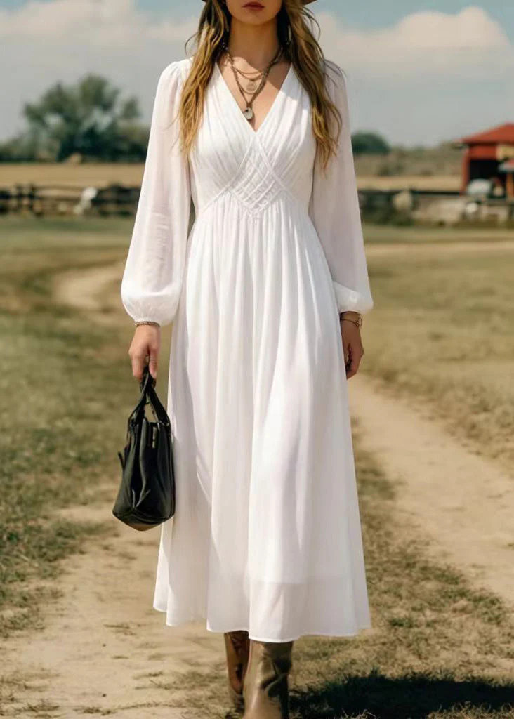 Elegant Simple White V Neck Chiffon Long Dress Spring - Image 5