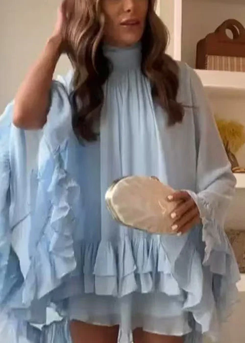 Elegant Sky Blue Button Wrinkled Chiffon Mini Dress Batwing Sleeve - Image 2
