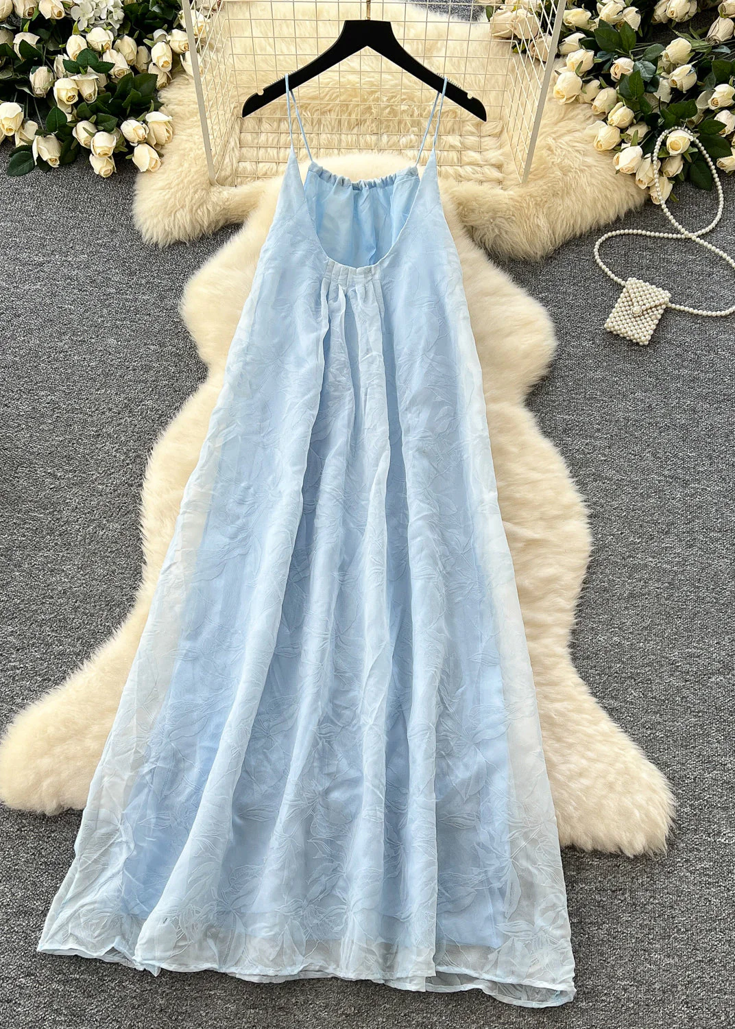 Elegant Sky Blue Jacquard Chiffon Spaghetti Strap Dress Summer - Image 2