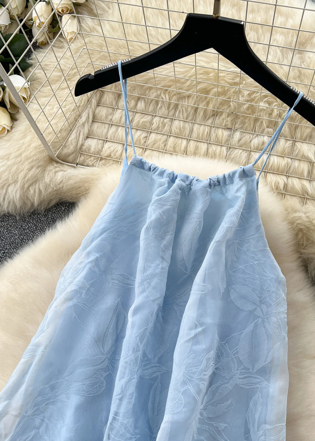 Elegant Sky Blue Jacquard Chiffon Spaghetti Strap Dress Summer - Image 3