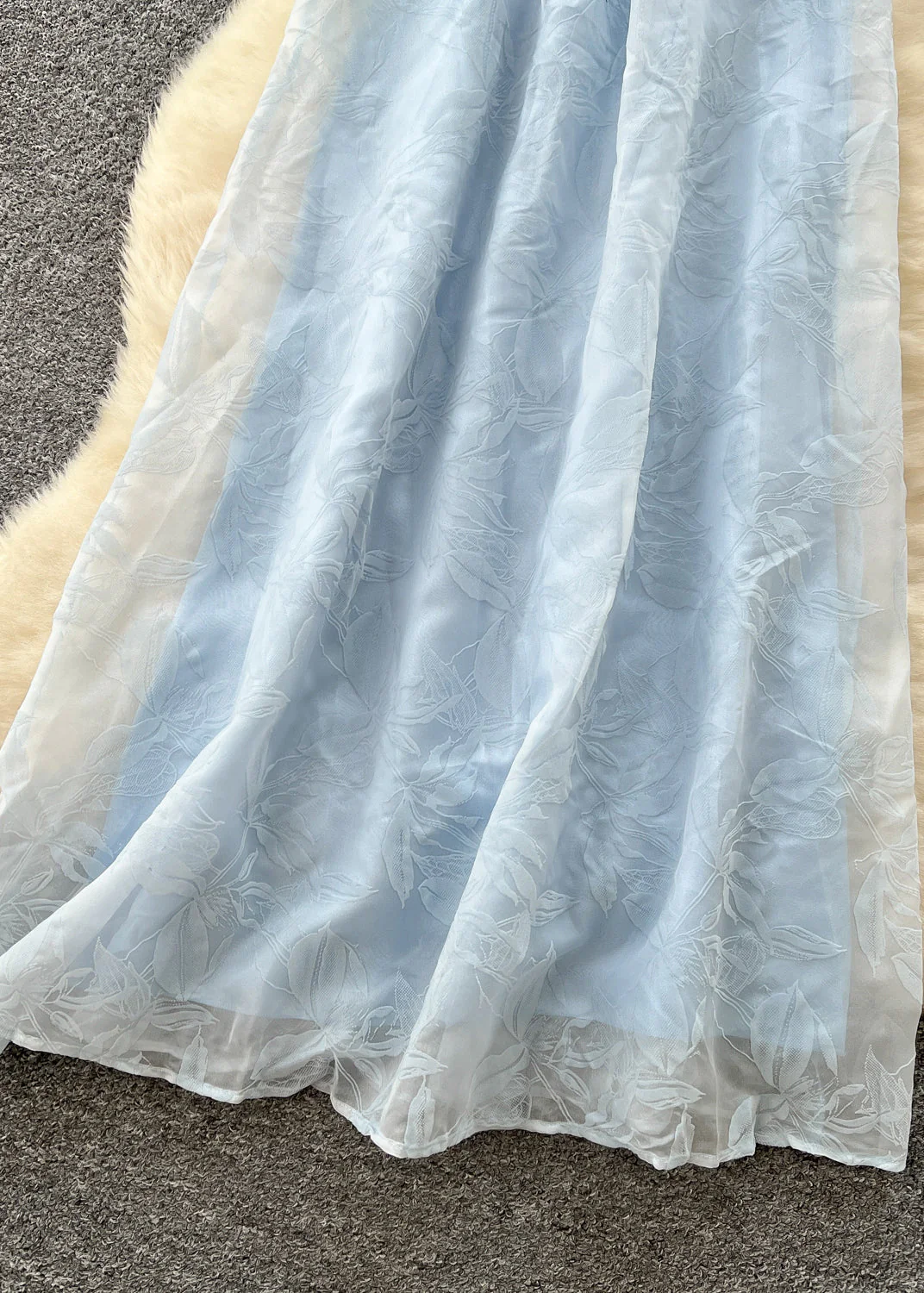 Elegant Sky Blue Jacquard Chiffon Spaghetti Strap Dress Summer - Image 4