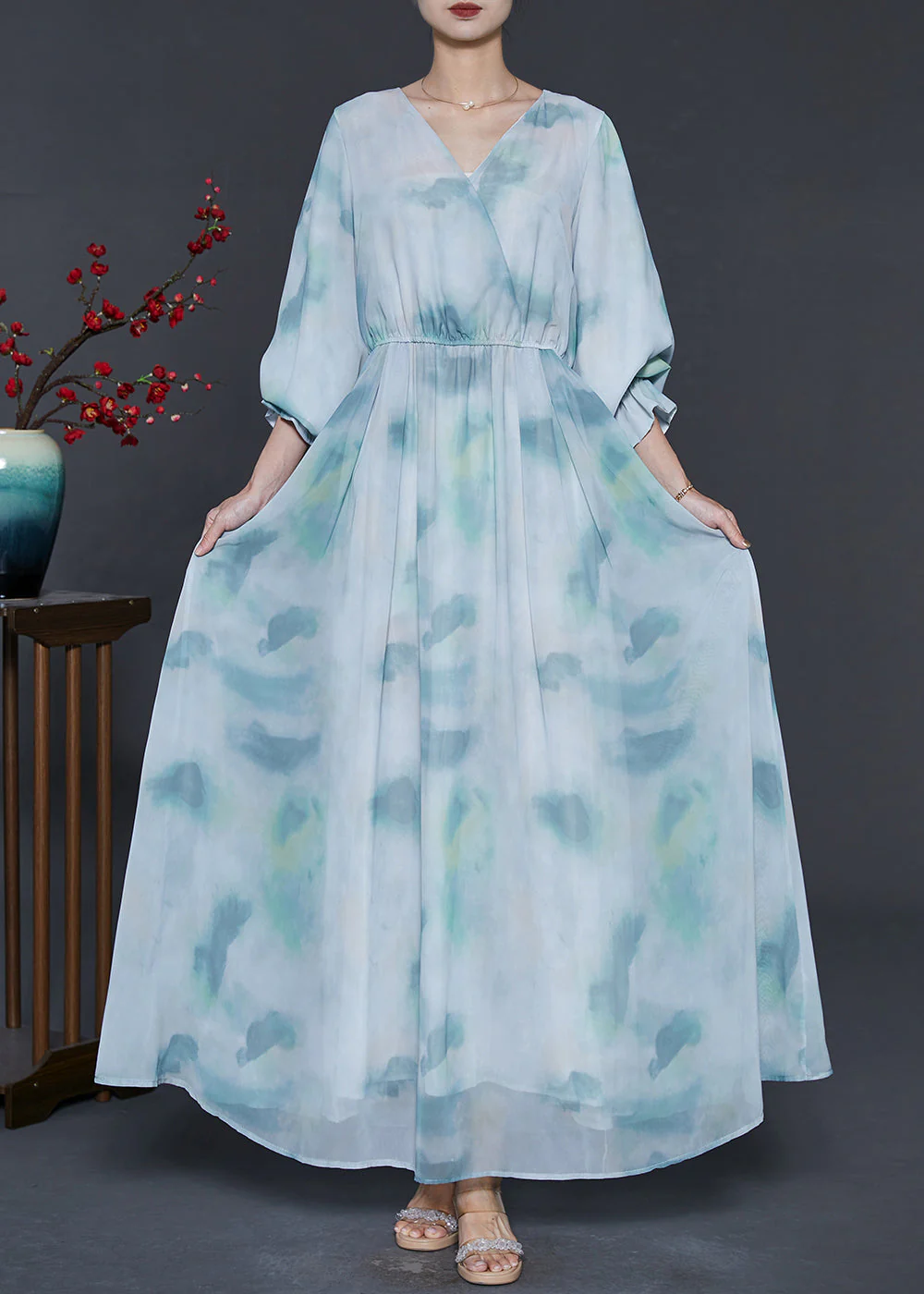 Elegant Sky Blue V Neck Tie Dye Chiffon Dress Summer - Image 2