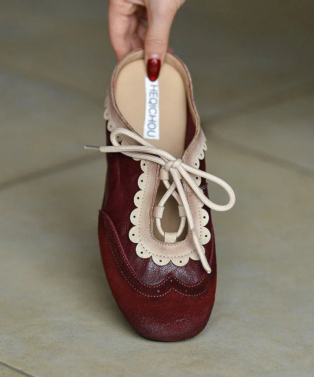 Elegant Splicing Flat Slide Sandals Mulberry Cowhide Leather - Image 2