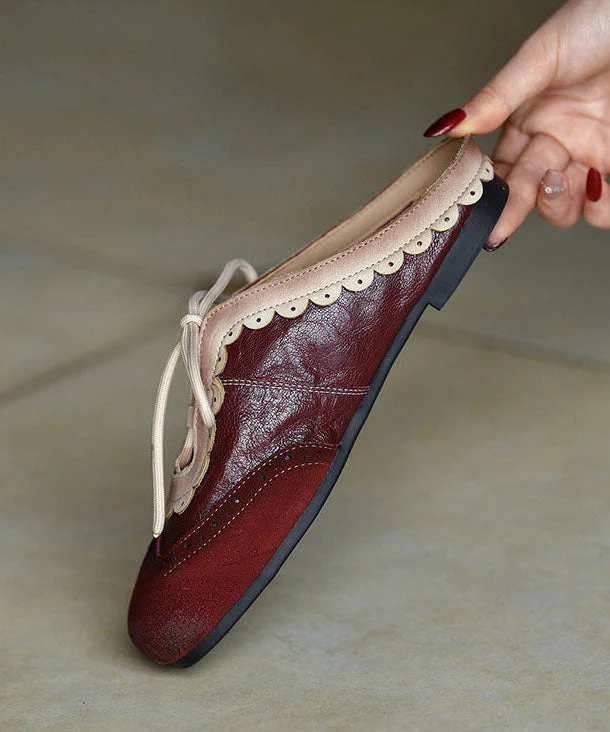 Elegant Splicing Flat Slide Sandals Mulberry Cowhide Leather - Image 3