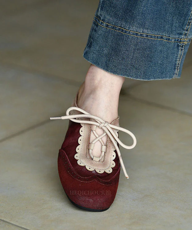 Elegant Splicing Flat Slide Sandals Mulberry Cowhide Leather - Image 4