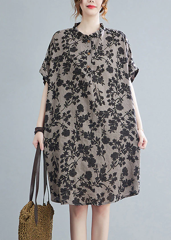 Elegant Stand Collar Button Print Linen Dress Short Sleeve - Image 2