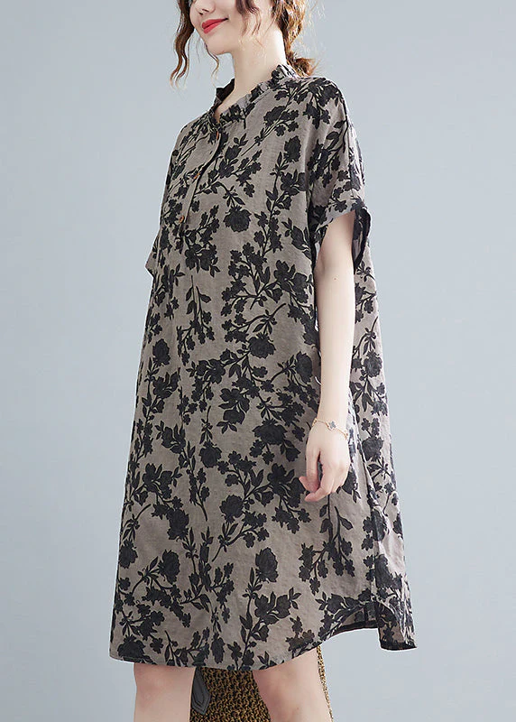 Elegant Stand Collar Button Print Linen Dress Short Sleeve - Image 3