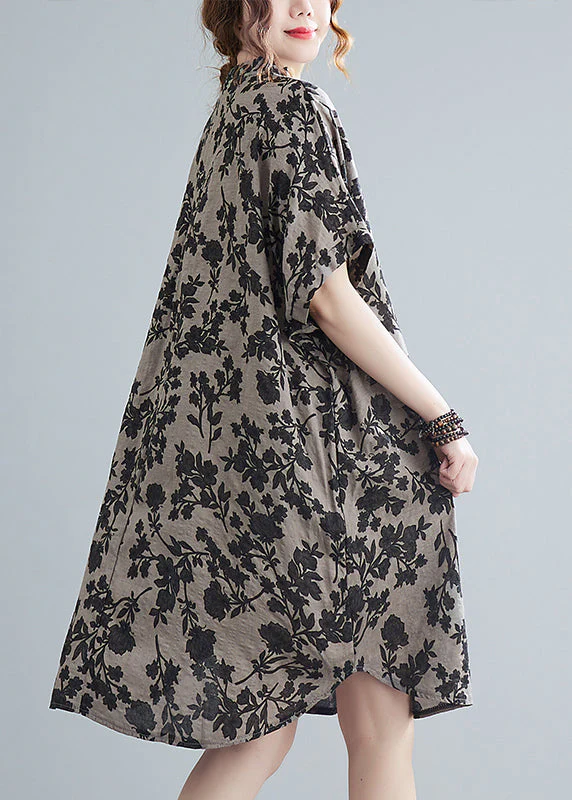Elegant Stand Collar Button Print Linen Dress Short Sleeve - Image 4