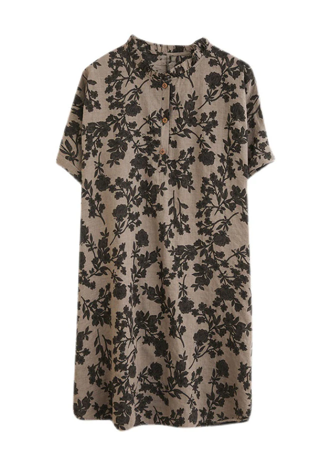Elegant Stand Collar Button Print Linen Dress Short Sleeve - Image 5