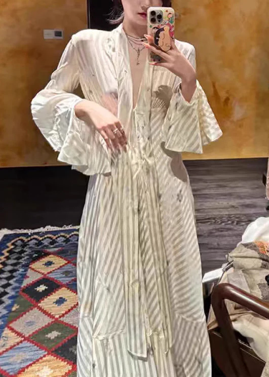 Elegant Striped Bow High Waist Long Dress Flare Sleeve - Image 2