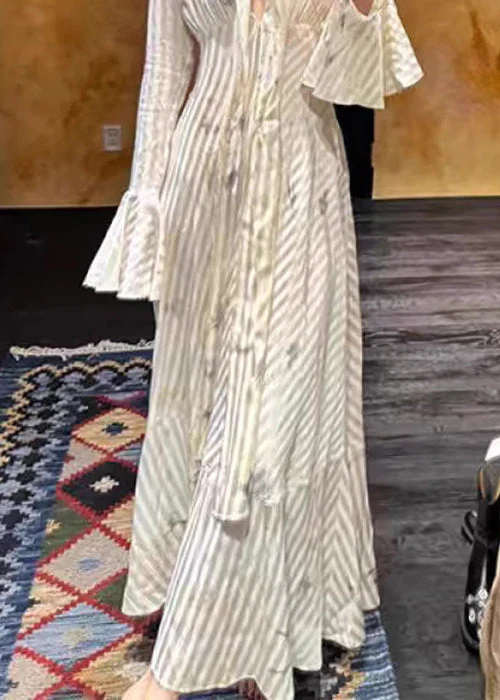Elegant Striped Bow High Waist Long Dress Flare Sleeve - Image 3