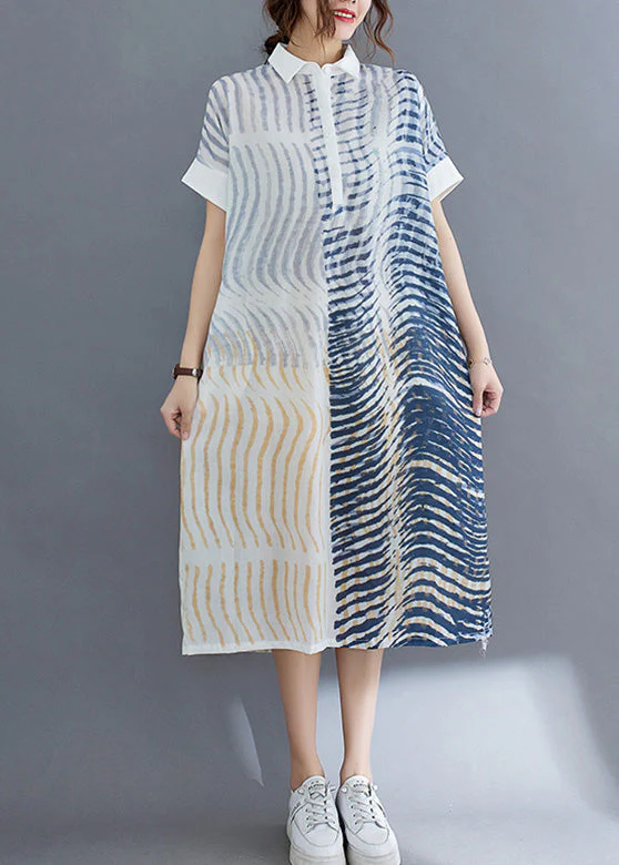 Elegant Striped Button Cotton Long Dress Short Sleeve - Image 2