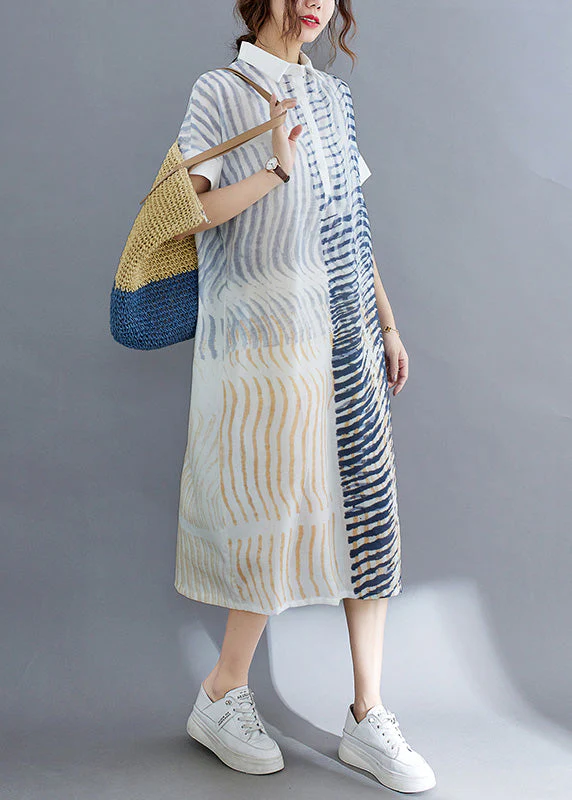 Elegant Striped Button Cotton Long Dress Short Sleeve - Image 3