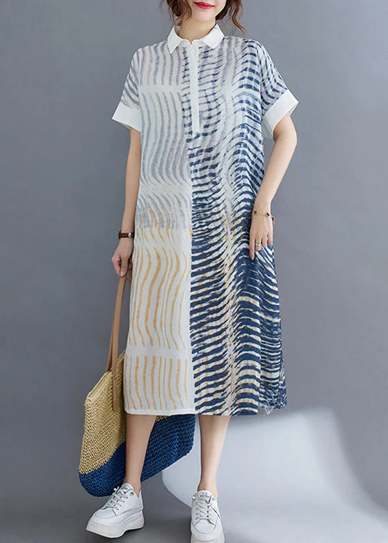 Elegant Striped Button Cotton Long Dress Short Sleeve - Image 4