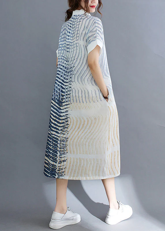 Elegant Striped Button Cotton Long Dress Short Sleeve - Image 5