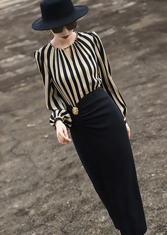 Elegant Striped Side Open Patchwork Cotton Long Dress Fall - Image 2