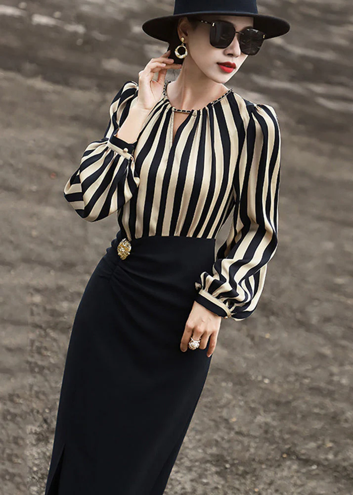 Elegant Striped Side Open Patchwork Cotton Long Dress Fall - Image 3