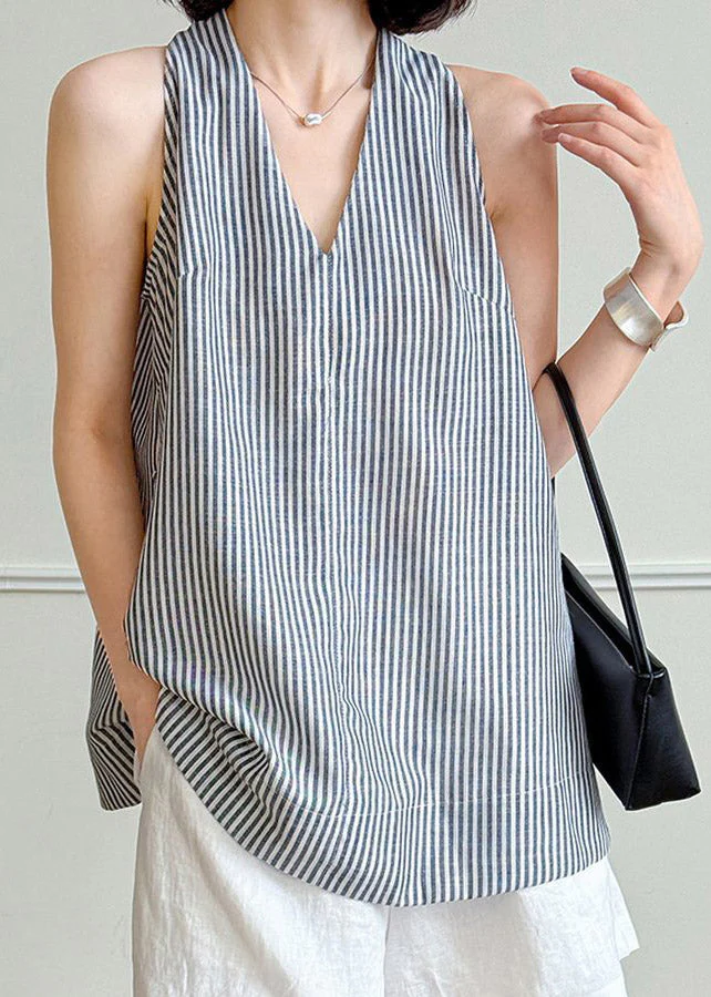Elegant Striped V Neck Sashes Shirt Summer - Image 3