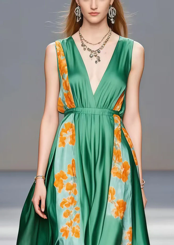 Elegant Tea Green V Neck Patchwork Silk Holiday Dress Sleeveless - Image 2
